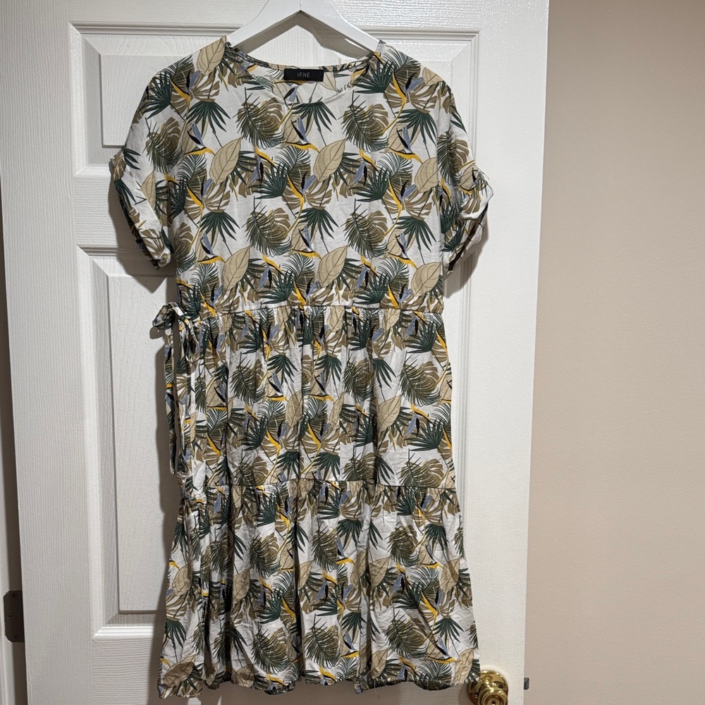 IFNE WOMAN White Midi Dress Green Yellow Leaf Print SIZE SMALL